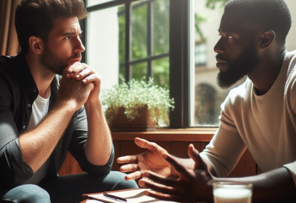 Two people having a serious conversation