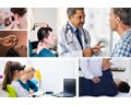 Various people receiving chiropractic, biofeedback, and acupuncture treatments