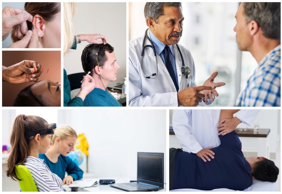 Collage of people receiving biofeedback, chiropractic, and acupunture treatments