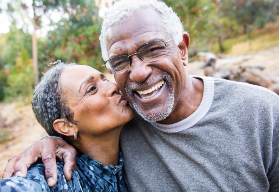 Picture of a man and woman sharing a picture and a smile