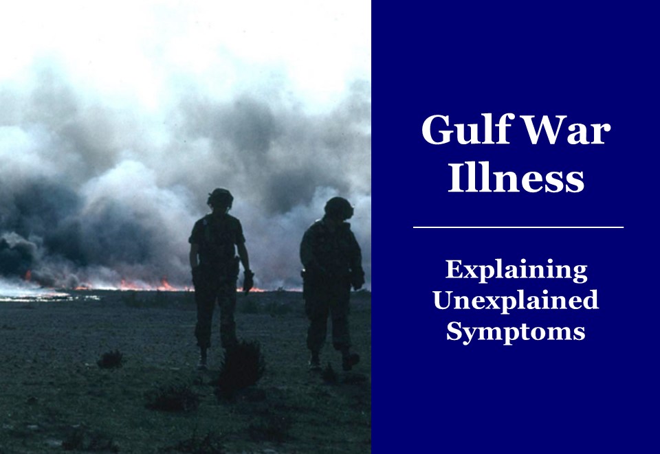 Service members alongside the words gulf war illness, explaining unexplained symptoms