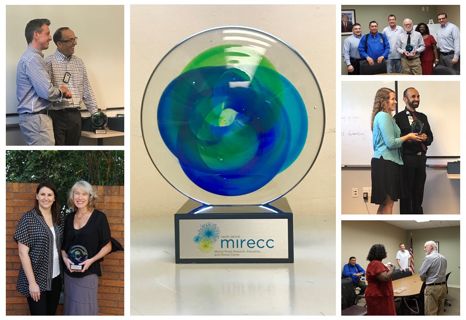 Collage of photos of award
recipients receiving their awards at staff meetings and a close-up of the award.