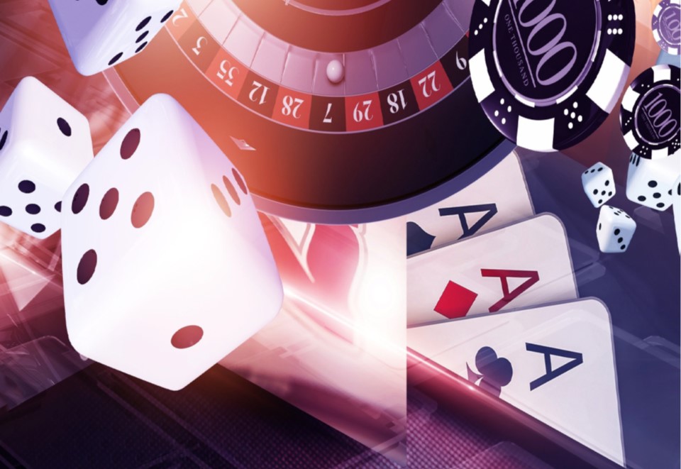 Collage of items associated with gambling including dice, chips, and playing cards.