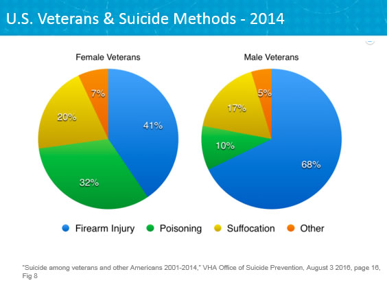 Graph demonstrates that Veterans, both male and female, are much more likely to die by a fire arm in a suicide death