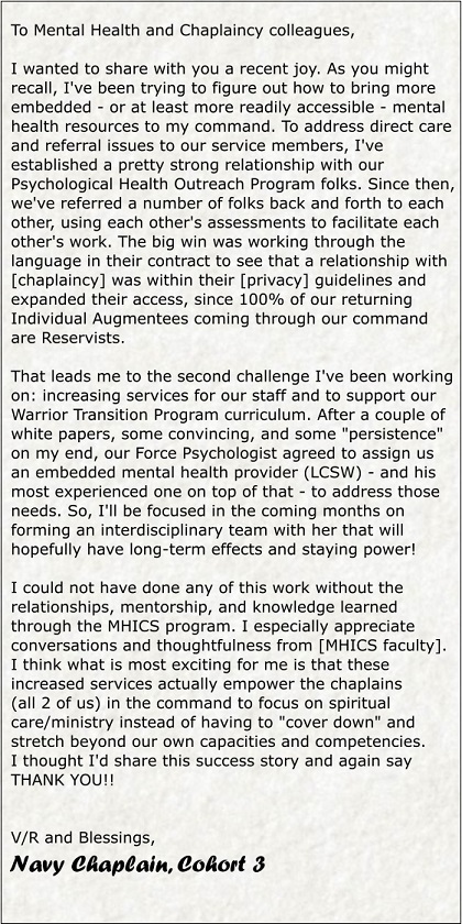 Testimonial letter from MHICS Chaplain in the Navy