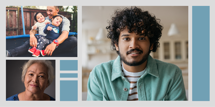 Three images of Asian American and Pacific Islander individuals. Top left, image of a young father smiling and holding two children. Bottom left, portrait of an older woman with grey short hair with a neutral expression. Right, portrait of a young man with curly brown hair smiling softly.