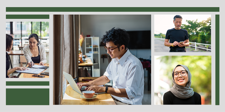Four images of Asian American and Pacific Islander individuals. Left, two women collaborating at a desk. Center, young man wearing glasses working on a computer with a cup of coffee. Top right, middle aged man looking at a phone with a neutral expression. Bottom right, portrait of a young woman wearing a head scarf and glasses smiling.
