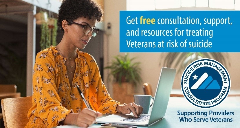 A provider sits in front of a laptop computer seeking free consultation with the SRM program for support treating Veterans at risk of suicide