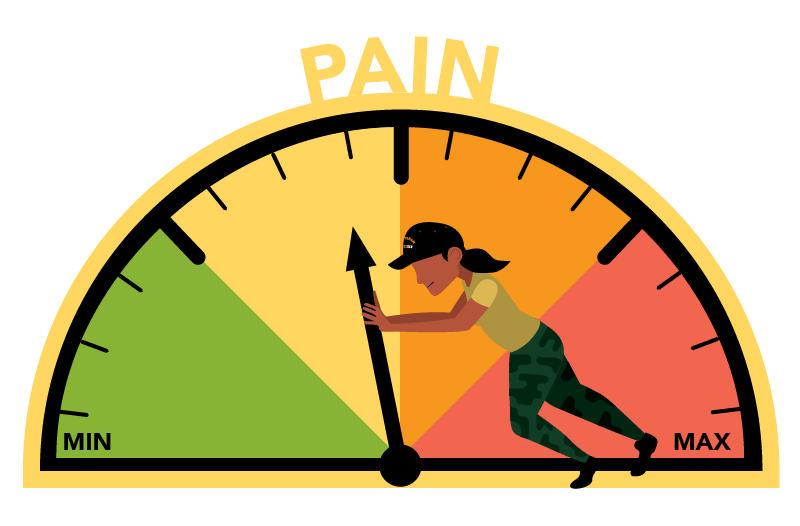 Illustration of woman veteran pushing against the marker of a giant semicircular pain meter.