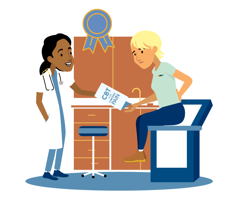 Illustration of clinician handing a CBT for Pain pamphlet to a patient.