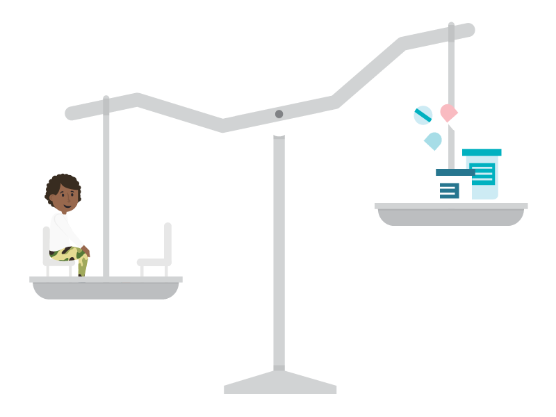 Scale with pills and pill bottles on one side and seated Veteran on the other side; Veteran side is lower.