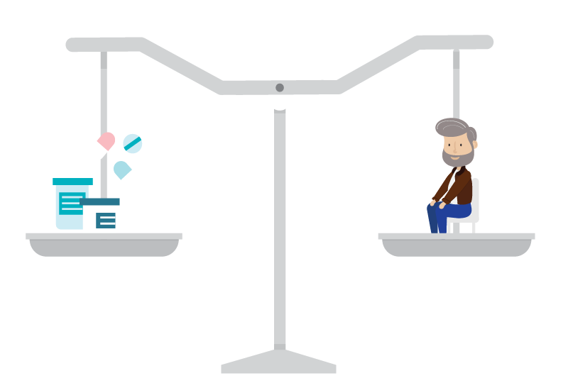 Illustration of classic scale with Veteran on one side and medications opposite