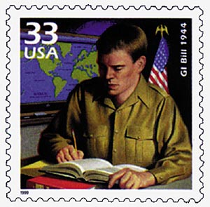 United States Post Office Stamp GI Bill .33 cent postage stamp. The American Legion is credited with designing the Serviceman’s Readjustment Act of 1944 — popularly called the “GI Bill” — and pushing the legislation through Congress for President Franklin D. Roosevelt’s signature. The first legislation of its kind, the GI Bill provided veterans with education and training; home, farm, and business loans; unemployment pay for up to 1 year; and assistance finding jobs. Similar benefits have been granted to veterans of the Korean, Vietnam, and Persian Gulf wars.