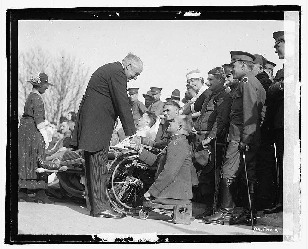 President Harding with Soldiers at Walter Reed - It is not only a duty, it is a privilege to see that the sacrifices made shall be requited, and that those still suffering from casualties and disabilities shall be abundantly aided and restored to the highest capabilities of citizenship and enjoyment.