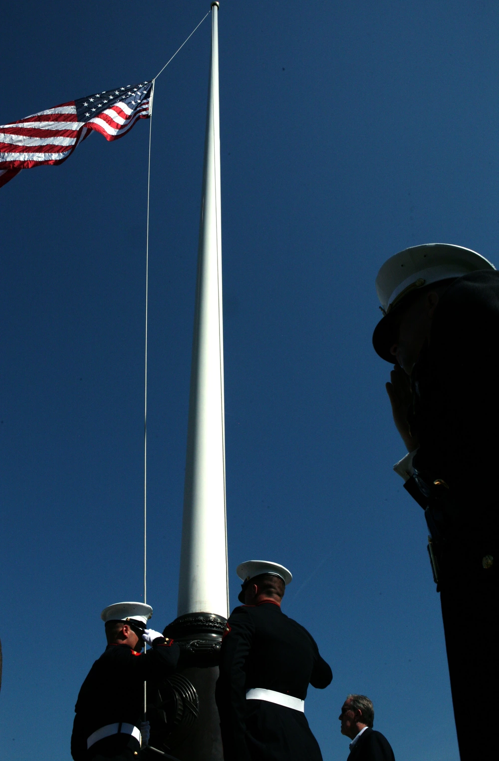 Keeping in the tradition of flying the American flag at half-staff until noon, Marines raise the national colors, alongside their French partners, to full-staff at one of the largest Memorial Day Event in Europe in Aisne-Marne Memorial Cemetery, France. The ceremony marked the 94th anniversary of the battle and embodied the legacy Belleau Wood has given to the Marine Corps and the brotherhood that unites an American-French friendship that has lasted from before the fields of World War I to the current operations in Afghanistan and was attended by Marines from commands all over Europe and the United States, to include: members of the 5th Marine Regiment, Fleet Anti-Terrorism Security Team, and Marine Forces Europe.