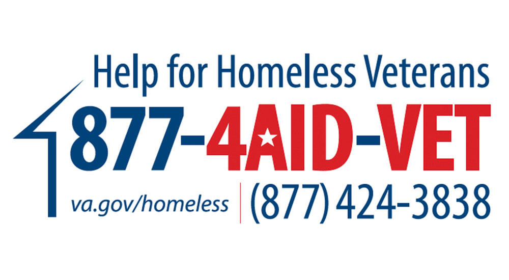 VA Homeless Hotline banner, 1-877-4AID VET (877-424-3838) Free Help for Homeless Veterans