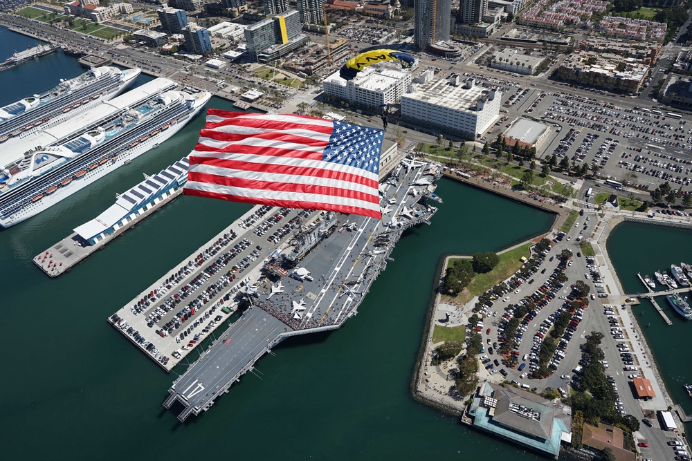 United States Navy Leap Frog with American Flag above the USS Midway CV-41 Museum in San Diego California