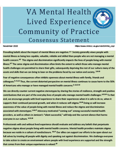 VA Mental Health Lived Experience Community of Practice Consensus Statement