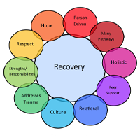 Recovery Wheel: Hope, Person-Driven, Many Pathways, Holistic, Peer Support, Relational, Culture, Addresses Trauma, Strengths/Responsibilities, Respect